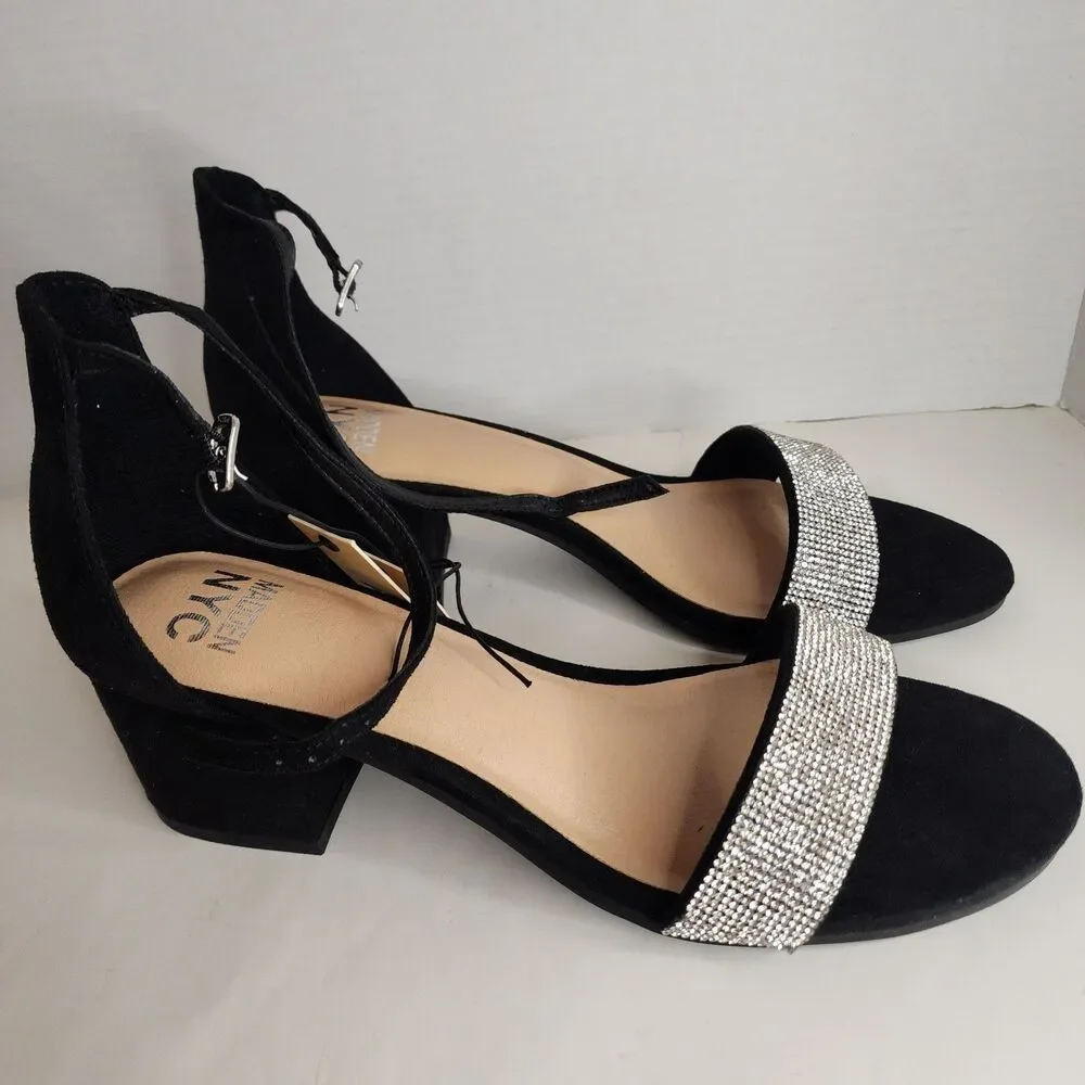 NIB MADDEN NYC WOMENS BLACK SZ 11 RHINESTONE ILLIE CITY BLOCK HEEL STRAPPYSANDAL